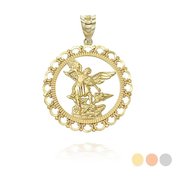 10k Solid Gold Saint St. Michael Archangel Openwork Pendant -Yellow, Rose, white